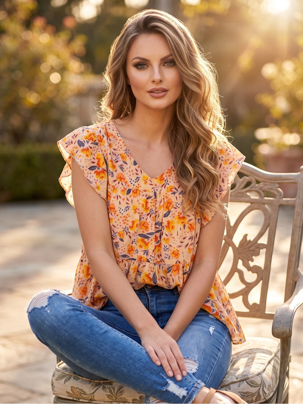 Hailey & Co Floral V-Neck Ruffled Blouse
